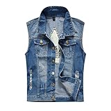  ORANDESIGNE Gilet Veste Denim Homme Slim Fit Veste Jeans sans Manche Hippie Vintage D Bleu Clair L