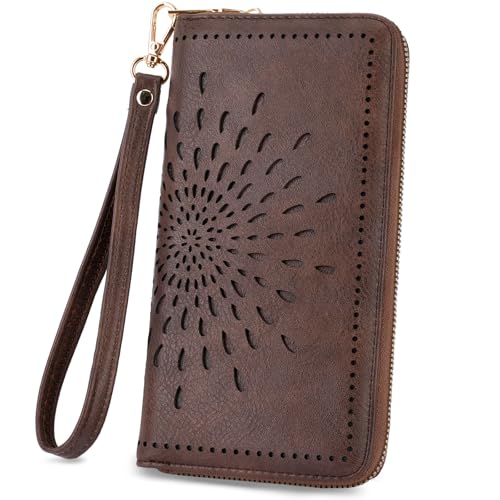 Image of APHISON Wallet Women Large Capacity Clutch Purse For Ladies Card Holder RFID Wristlet Phone Zipper Coin Travel Pocket, 01-coffee, 8.2 inch x 4.33 inch x 1 inch