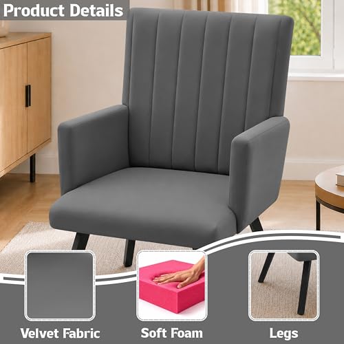Image of Rosebell Modern Accent Chair for Living Room | Single Seater Chair with Armrests & Metal Legs | Comfortable Lounge Chair for Bedroom, Reading & Office | Grey