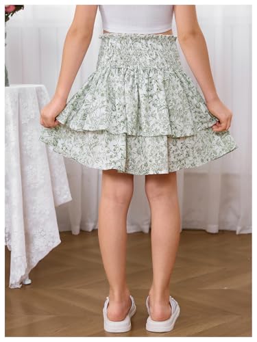 Image of RoseSeek Girl's 2 Piece Outfits Lace Ruched Camisole Tops and Shirred High Waisted Layered Floral Skirts Set