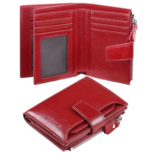 Glossy Bifold Wallet for Men Large Capacity Genuine Bifold Leather Men Wallets RFID Blocking,With amazing storage capacity,Can be Window pulled Up Wallet,Oil Waxed Wallet (Red)
