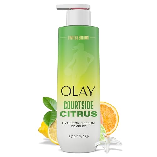 Olay Body Wash for Women WNBA Intensely Hydrating Hyaluronic Acid Serum Hydration On/Off Court Improves Moisture Barrier Vitamin B3 Complex All Skin Types Courtside Citrus Scent 20 fl oz