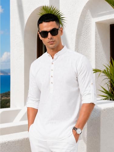 Image of Majestic Man Men's Pure Cotton Solid Mandarin Collar Slim Fit Roll-Up Sleeves Short Kurta Lightweight Summer Kurta for Daily & Occasion Use