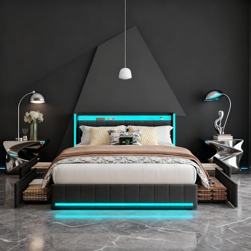 Lit 180x200 avec Sommier et LED, Cadre de Lit Double avec 4 Tiroirs, Tête de Lit en Lin avec USB et Type-C, Design Moderne pour Chambre à Coucher, Suite Parentale ou...