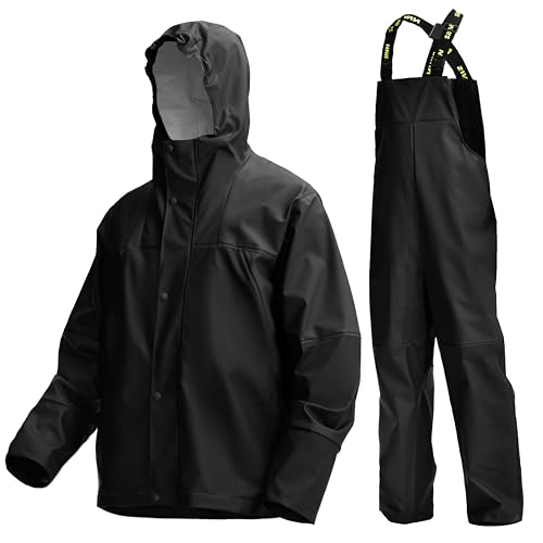 Men's PRO Workwear 3-Piece Waterproof Rain Jacket & Bib Pants Set - Heavy Duty PU Eco-Friendly 2-Tone Functional Design