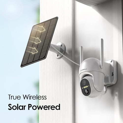 Image of SEHMUA Solar Security Cameras Wireless Outdoor, 2K 360 View Battery Powered Outdoor Camera, WiFi Home Security with Spotlight Color Night Vision, PIR Sensor, 128GB Memory Card Included, White