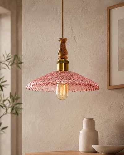 Image of Homesake Botanica Pendant Lamp | Petal Scalloped Glass Hanging Light with Solid Wood Top | Vintage European Ceiling Fixture, Pendant Light for Home Decor, Hallway, Kitchen & Balcony, (Ripple, Pink)