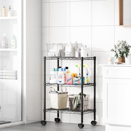 Image of DUMOS 3-Tier Metal Wire Storage Shelves, Adjustable Standing Storage Rack Shelf with Wheels, Heavy Duty Steel Shelving Unit Organizers for Kitchen Bathroom Pantry Garage, 23.1 inch Wx13.4 Dx30.2 H, Black