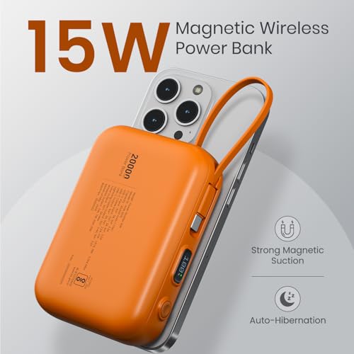 Image of Portronics Power Shutter 20000mAh 15W Magnetic Wireless Fast Charging Powerbank with in-Built Type C & 8 Pin Cable, 22.5W Type C PD Output, Type C Bidirectional Port, LED Display (Orange)