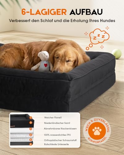 Upvilla Orthopädisches Hundebett XL, Hundekorb Waschbar mit Eierförmiger Kistenschaum，Wasserdicht Hundesofa mit rutschfeste Unterseite und Vierseitiges Kissen (Black, 117x76x19cm)