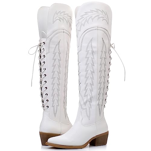Image of GLOBALWIN Women's Cowboy Western Fashion Over The Knee Thigh High Cowgirl Boots Low Heel