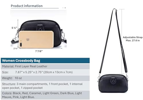 Women Small Genuine Real Leather Crossbody Shoulder Bag, 3 Zipped Compartments 1 Front Pocket3