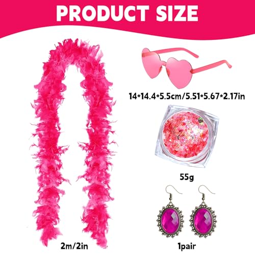 YOKJGHDO 4 Stück Federboa Pink Set mit Herzbrille Ohrringe und Körperglitzer, 2m Federboa Rosa für Damen Faschingskostüme, Karnevalskostüme, JGA Deko, 20er Jahre Party Accessoires, Kostüm Zubehör