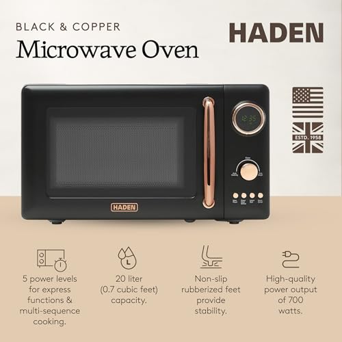 Haden 700 Watt 0.7 Cubic Foot Microwave Oven with Digital Controls, Defrost, and Instant Start Countertop Small Appliance, Black/Copper