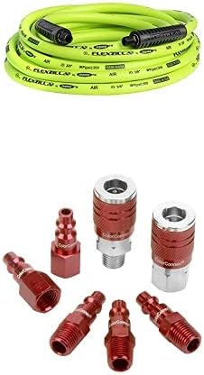 Flexzilla Air Hose, 3/8 in. x 25 ft., 1/4 in. MNPT Fittings, Heavy Duty, Lightweight, Hybrid, HFZ3825YW2 + ColorConnex Coupler & Plug Kit (7 Piece), Industrial Type D, 1/4 in. NPT, Red - A73457D