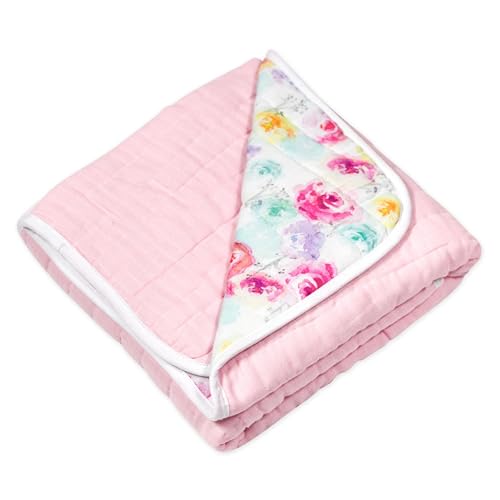 Image of HonestBaby Hand-Quilted Baby Blanket Reversible 100% Organic Cotton for Infant Boys, Girls, Rose Blossom, One Size