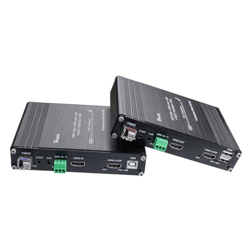 Hereta Extensor KVM USB HDMI, Fibra Extensor 1920 * 1080P@60Hz, Transmisión hasta 20Km, Soporte USB Ratón Teclado RS232 & GPIO, 3.5mm Bidirectional Stereo Audio, Conjunto Emisor y Receptor