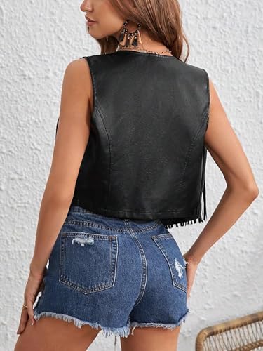 Women Tassel Vest 70s Hippie Vest Sleeveless PU Fringe Open Front Faux Suede Waistcoat Western Hippie Jacket Cardigan4