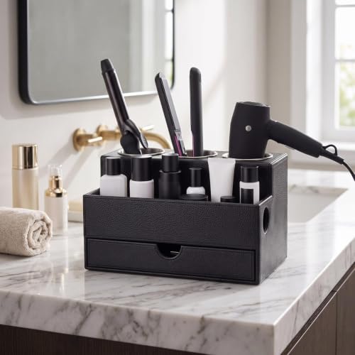 Image of AceOrbit Leather Hair Tool Organizer with Drawer Back to School Gift Bathroom Vanity Organizer Black Blow Dryer Hot Styling Tool Hair Holder for Countertop Curling Iron Flat Iron Straightener Makeup