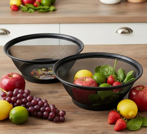 Image of Premium Stainless Steel Mesh Fruit & Vegetable Washing Basket - Multipurpose Strainer Bowl for Kitchen, Durable Rust-Free Colander in Variant Size (Black, 22,25&28CM)