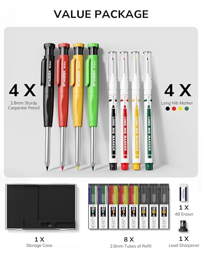 Image of STAGEEK 4PCS Carpenter Pencils with Sharpener, Heavy Duty Woodworking Pencils, Mechanical Carpenter Pencil with 52 Refills, Deep Hole Long Nib Marker Pens for Architect Construction Marking with Case