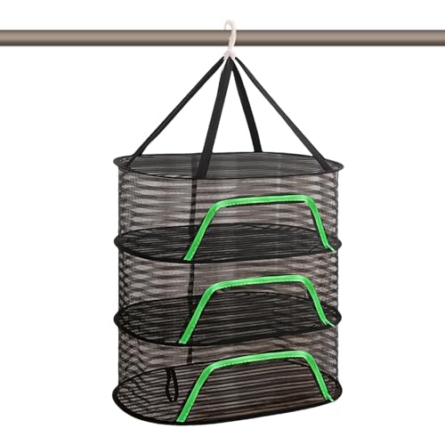 Séchoir à linge plat, séchoir solaire pour aliments, panier de séchage à 3 couches avec crochets coupe-vent et fermetures éclair | Corde en nylon solide et portable, séchoir à filet alimentaire