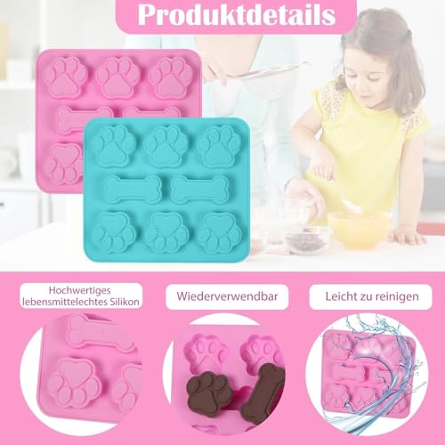 2 Stück Backmatte Hundekekse, Silikon Backmatte für Hundeleckerlies Set, Silikonform Hundeleckerli, Hundekekse Backform mit 2 Tropfer, Hundepfoten Silikonformen, für DIY Hundeleckerlies, Schokolade