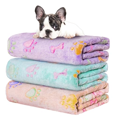 Image of Rezutan 1 Pack 3 Dog Blankets for Small Pet Cat Super Soft Fluffy Premium Throw for Dog Kennels-Beds, Paw Print Blanket, 23x16inch,Purple /Green /Brown