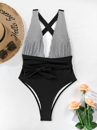 Image of Lilosy Sexy Tie Criss Cross Plunge One Piece Thong Swimsuit High Cut Brazilian Bathing Suit