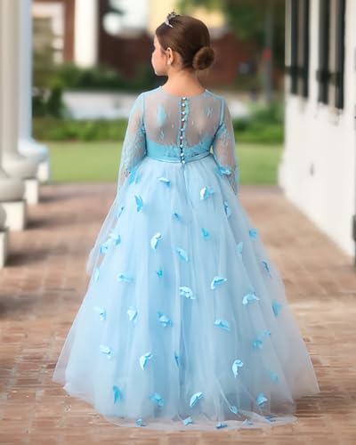 Long Sleeve Flower Girl Dress 3D Butterflies First Communion Dresses Lace Applique Ball Gown Pageant Dress3