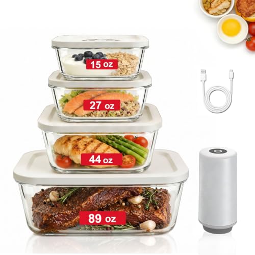 Image of Smart Vacuum Sealer Machine with 4 Borosilicate Glass Vacuum Containers (15 /27 /47 /89 Oz), Compact Handheld Food Sealer, Powerful Suction & Auto-Stop Electric Pump for Meal Prep, Kitchen Saver