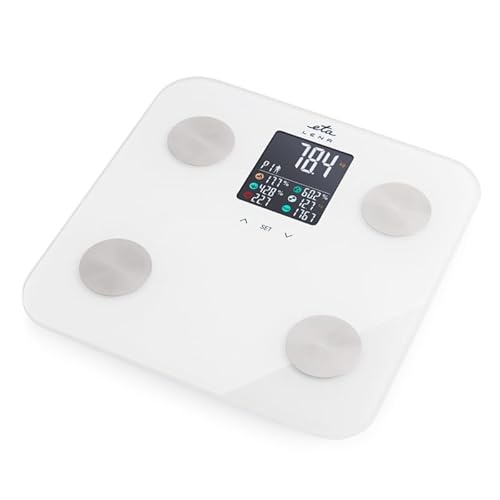 ETA Personenwaage Digital LENA I Körperanalyse I Messung mit 5 Eingabeparametern I LCD - Anzeige I bis zu 180 kg I Auflösung 100 g I Glas-Waagefläche I Sicherheitsglas 6 mm I kg/st
