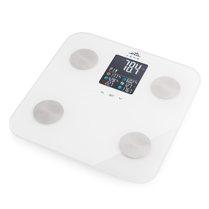 ETA Báscula digital LENA I Análisis corporal I Medición con 5 parámetros de entrada I Pantalla LCD I Hasta 180 kg I Resolución 100 g I Superficie de balanza de cristal I Cristal de seguridad 6 mm I