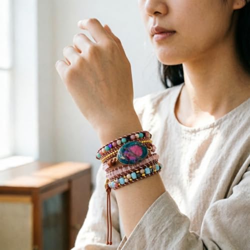 Image of YGLINE Boho Handmade Natural Stone Wrap Bracelets Jasper Crystal Beads Bracelet Jewelry