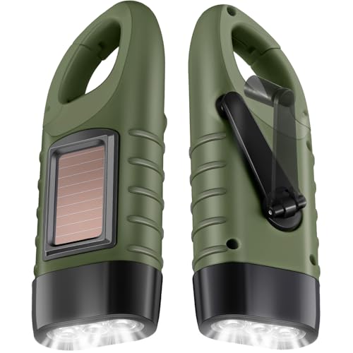 Leelosp 2 Pieces Hand Crank Flashlight Solar Powered Flashlight for Emergencies Dynamo Rechargeable LED Survival Light for Outdoor Sports Hiking Camping (Army Green)