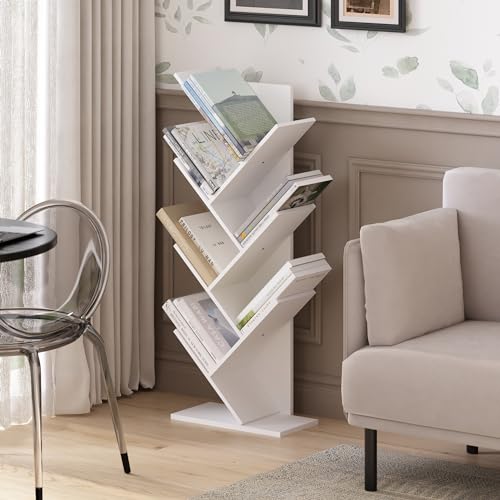 Image of Furinno Tree Book Shelf, 7-Tier Bookshelf with Angled Open Shelf, Tree Bookcase for Room Decor, 8.4 x 15.7 x 39.4, for Organization and Storage, for Living Room, Bedroom, Home Office, White