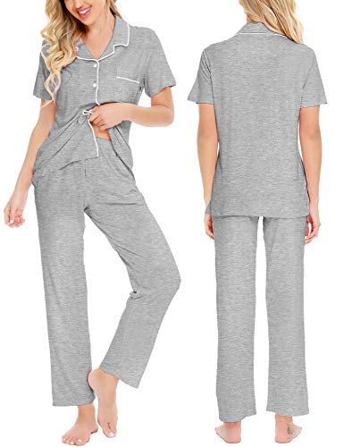 Image of SWOMOG Women Pajama Sets Two-Piece Nightwear Short Sleeve Sleepwear Button Down Pj Lounge Sets with Long Pants