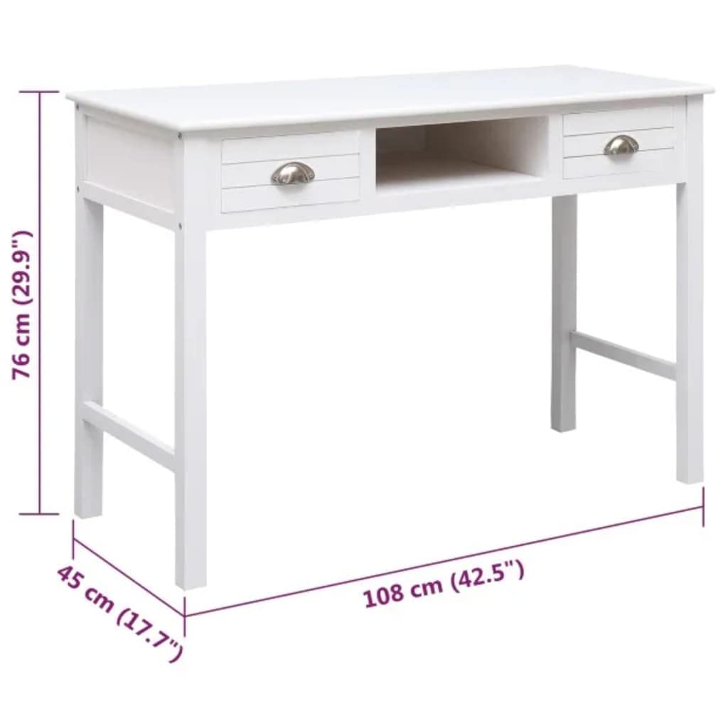 Escritorio de madera maciza Paulownia, color blanco, 108 x 45 x 76 cm, mesa de oficina con 2 cajones y compartimento abierto, mesa de ordenador con amplia superficie de trabajo para