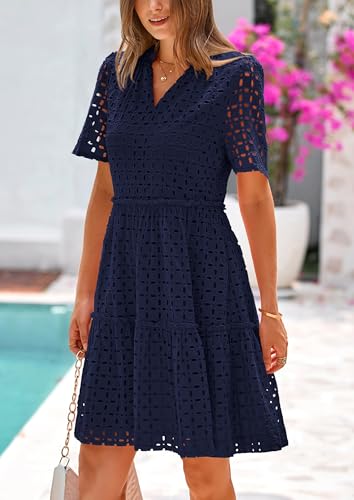 PRETTYGARDEN Eyelet Dresses for Women 2025 Summer Short Sleeve V Neck Hollow Out Ruffle A Line Boho Beach Vacation Mini Dress4