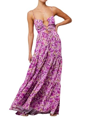 Image of Womens Summer Floral Spaghetti Strap Backless Low Cut Smocked Milkmaid Flowy Beach Sundresses