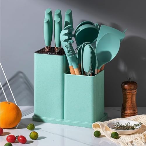Image of Barebeauty 19 Piece Utensil Set | Spatulas with Knife and Board | 19 Piece Kitchen Kit | Silicone Instrument Set | Sturdy Wooden Handle | Multifunctional Kitchen Tools (Green)