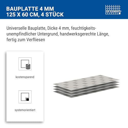 LUX ELEMENTS Bauplatte Fertig zum Verfliesen 125 x 60cm 4 Stk. I Hartschaumplatte 4mm aus expandiertem Polystyrol mit Spezialmörtel Beschichtung I Schimmelresistent