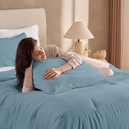 Juego de edredón matrimonial azul grisáceo Andency de microfibra con 2 fundas 5