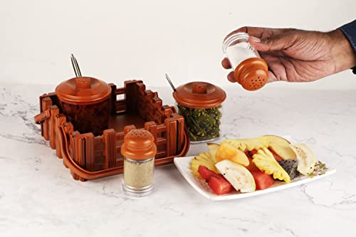 Image of Nabhya Complete Dining Table Set of Pickle Jars, Salt and Pepper Dispenser, Toothpick Holder and Spoon Holder(Wooden Look Design, Plastic) (Woodland)
