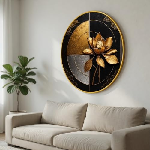 Image of SAF Golden Lotus Wall Painting Round PVC Frame Geometric Luxury Abstract Art Black Gold Modern Design for Living Room Bedroom Office Home Wall Decor (23 x 23 Inch) GR-401
