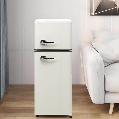 Frigorífico retro con compartimento congelador con volumen total de 92L, volumen de congelador de 28L, 3 estantes de vidrio, cajón para verduras, bandeja para huevos, 181 kWh/año, luz LED,White