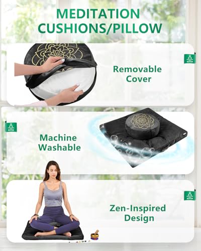Hihealer Meditation Cushion Set Large Velvet Floor Pillow & Traditional Tibetan Yoga Bolster for Adults Zafu Meditation Mat with Buckwheat Filling (Black) - Image 4