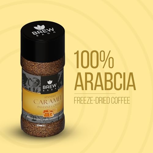 BREWSAGA Spanish Caramel Instant Coffee | 100% Arabica | Freeze-Dried | Flavoured Coffee | No Added Sugar | Flavored Coffee Powder For Both Hot & Cold Coffee | Makes 50 Cups | 100 grams