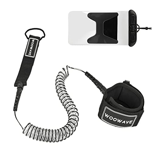 WOOWAVE SUP Leash Premium Stand Up Paddle Board Surfboard Leash Coiled 8/10 feet Stay on Board with Waterproof Wallet/Phone Case (Clear Black Core, 10ft & 7mm)