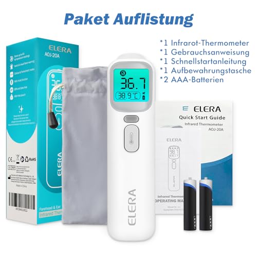 ELERA Fieberthermometer Ohr, Fieberthermometer Kontaktlos mit Vier Messmodi und Vierfarbiger...